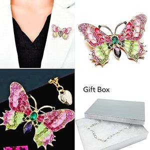 18K gold plated pink purple green crystal butterfly necklace/brooch